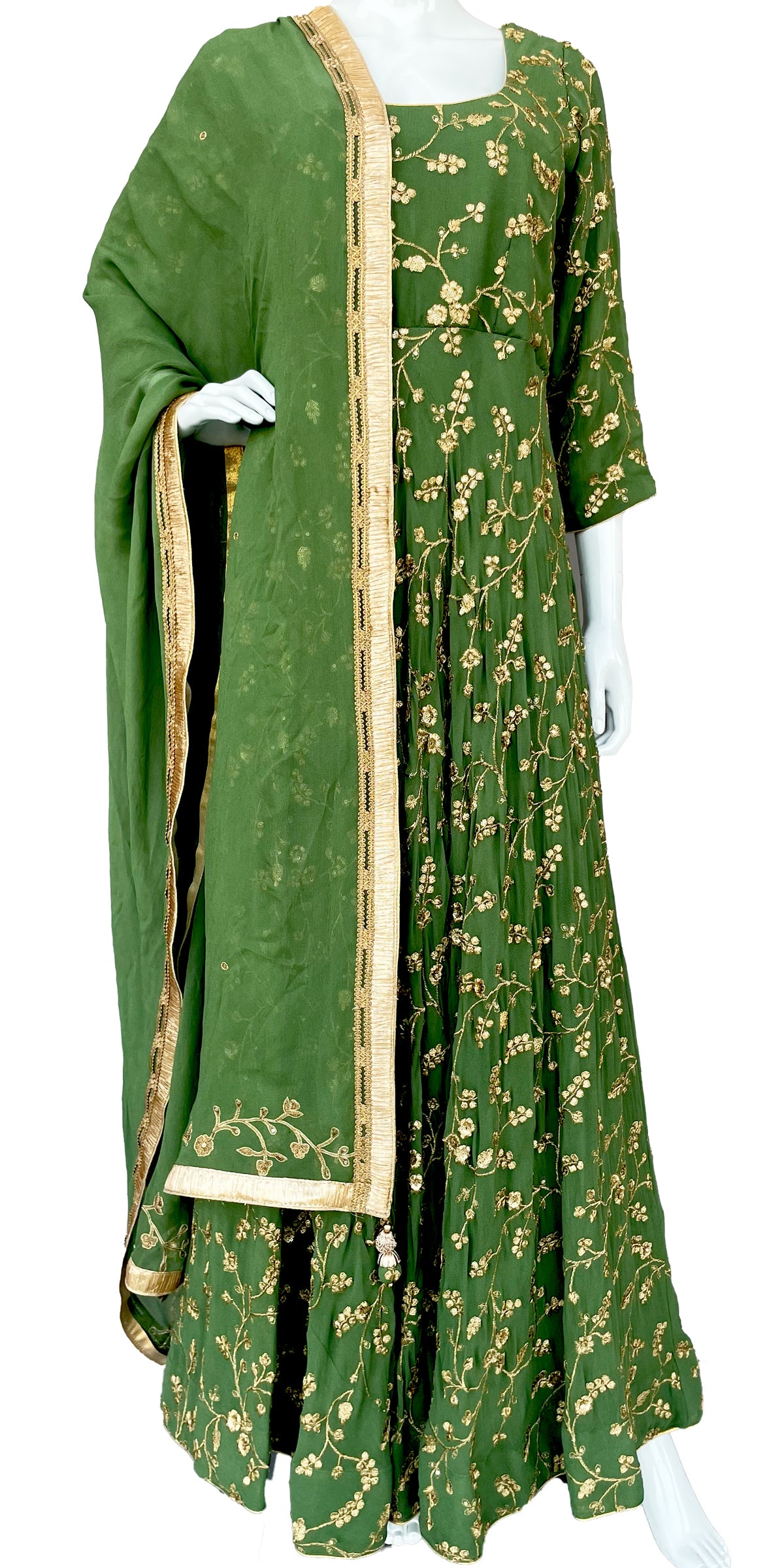 Olive Green Flared Pure Georgette Long Gown with Dupatta, Indian Long CNP Associates LLC Olive Green Flared Pure Georgette Long Gown with Dupatta, Indian Long CNP Associates LLC