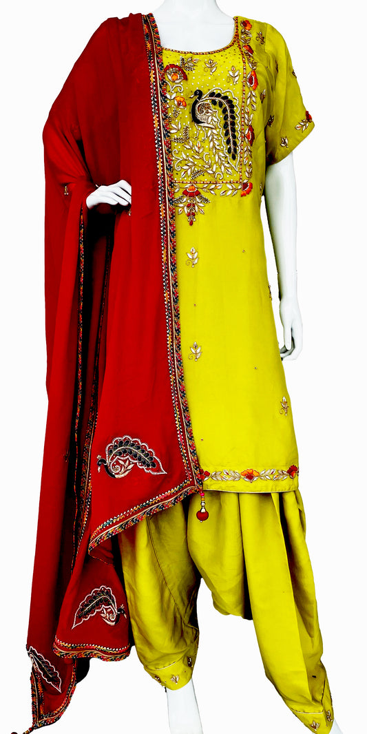 Parrot Green Embroidered Patiala salwar Pure silk suit, Wedding wear, Handwork Suit, Haldi, Mehendi Wear Suit,