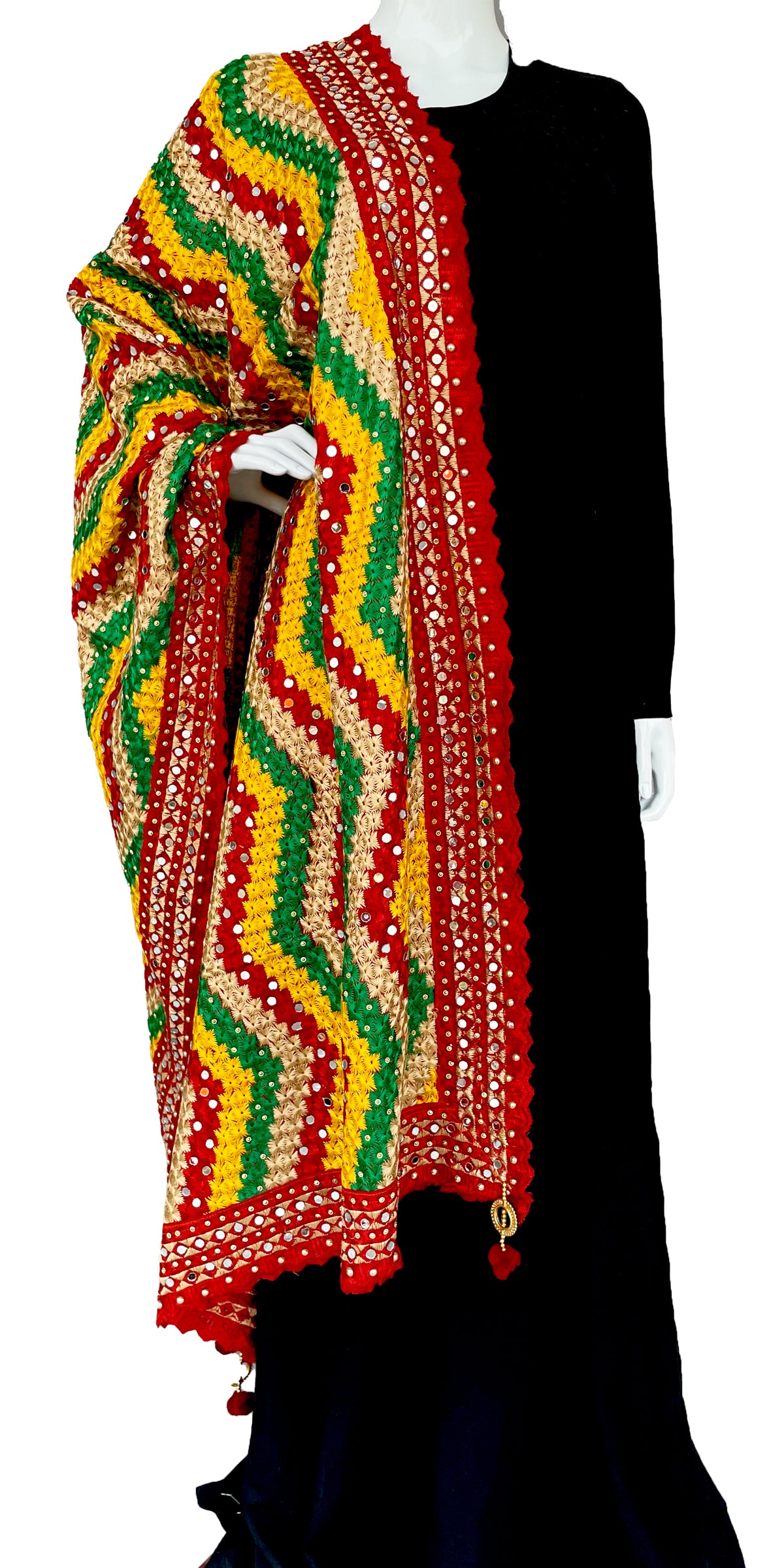 Maroon Multicolor Golden Zig Zag Phulkari Dupatta, Indian Ethnic Punjabi Stole