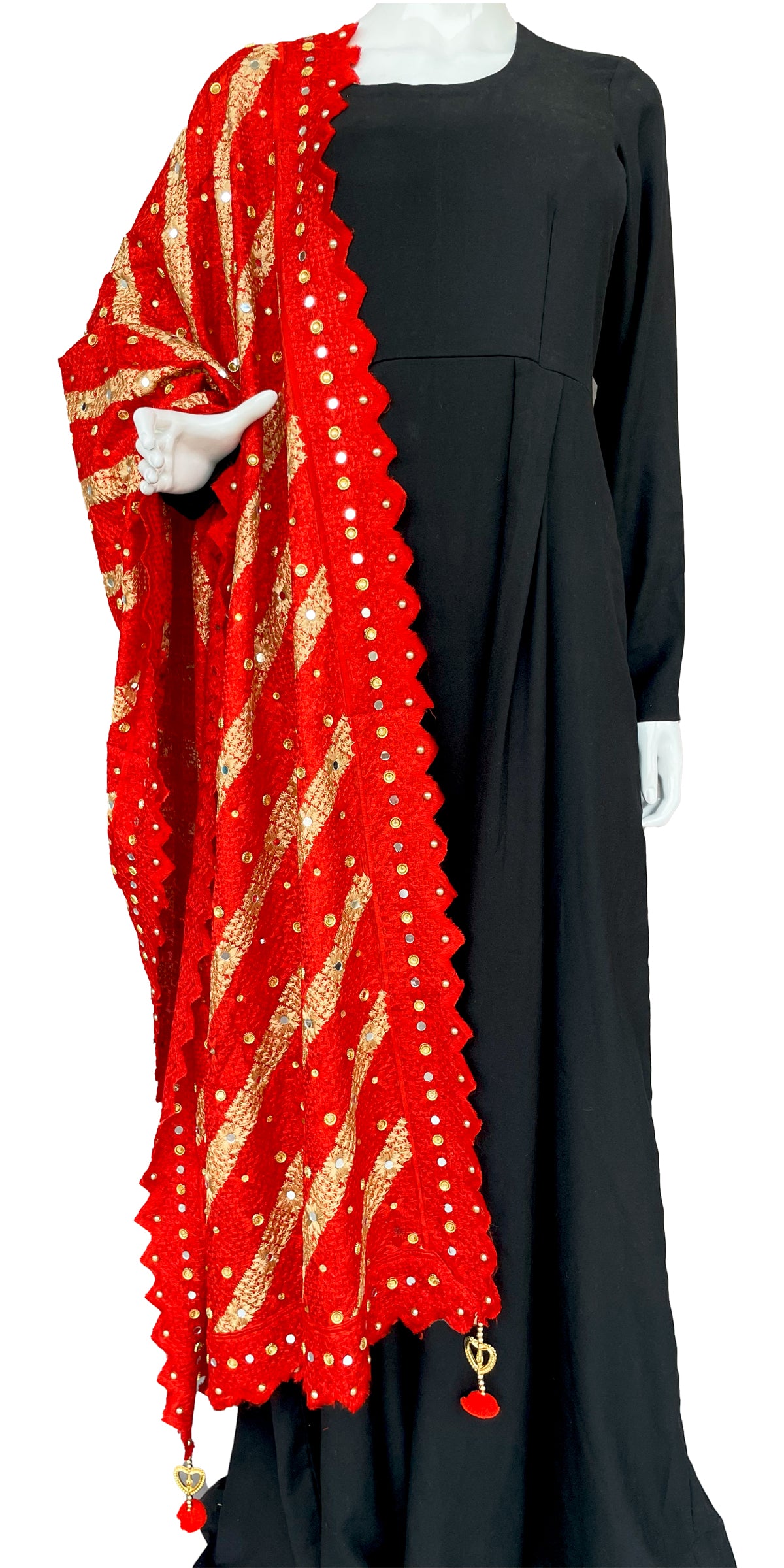 Red and Golden Phulkari with Tassels and Mirror Work