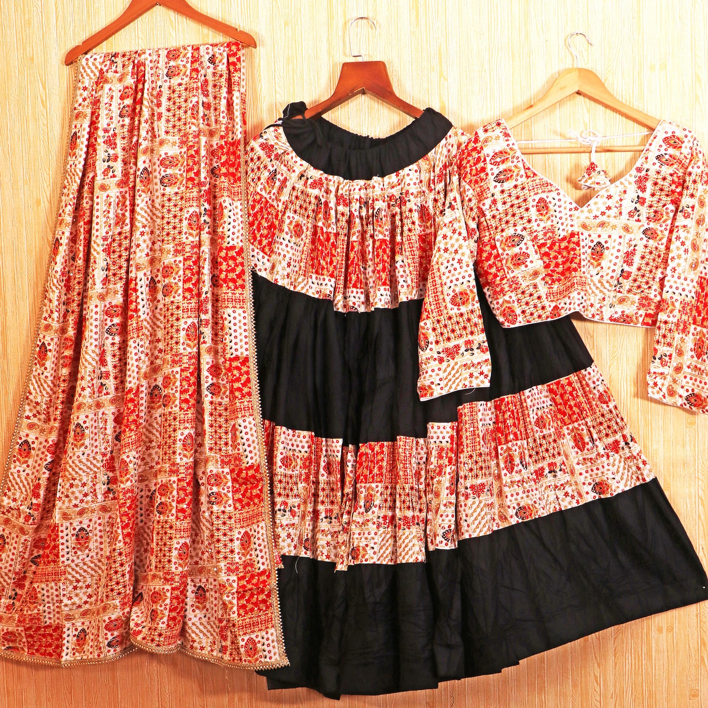 Black Red and White Gujarati Chaniya Choli/Lehenga Dress, Multicolor Lehenga, patterns and embroidery, Dandiya Dress, Navaratri Pooja