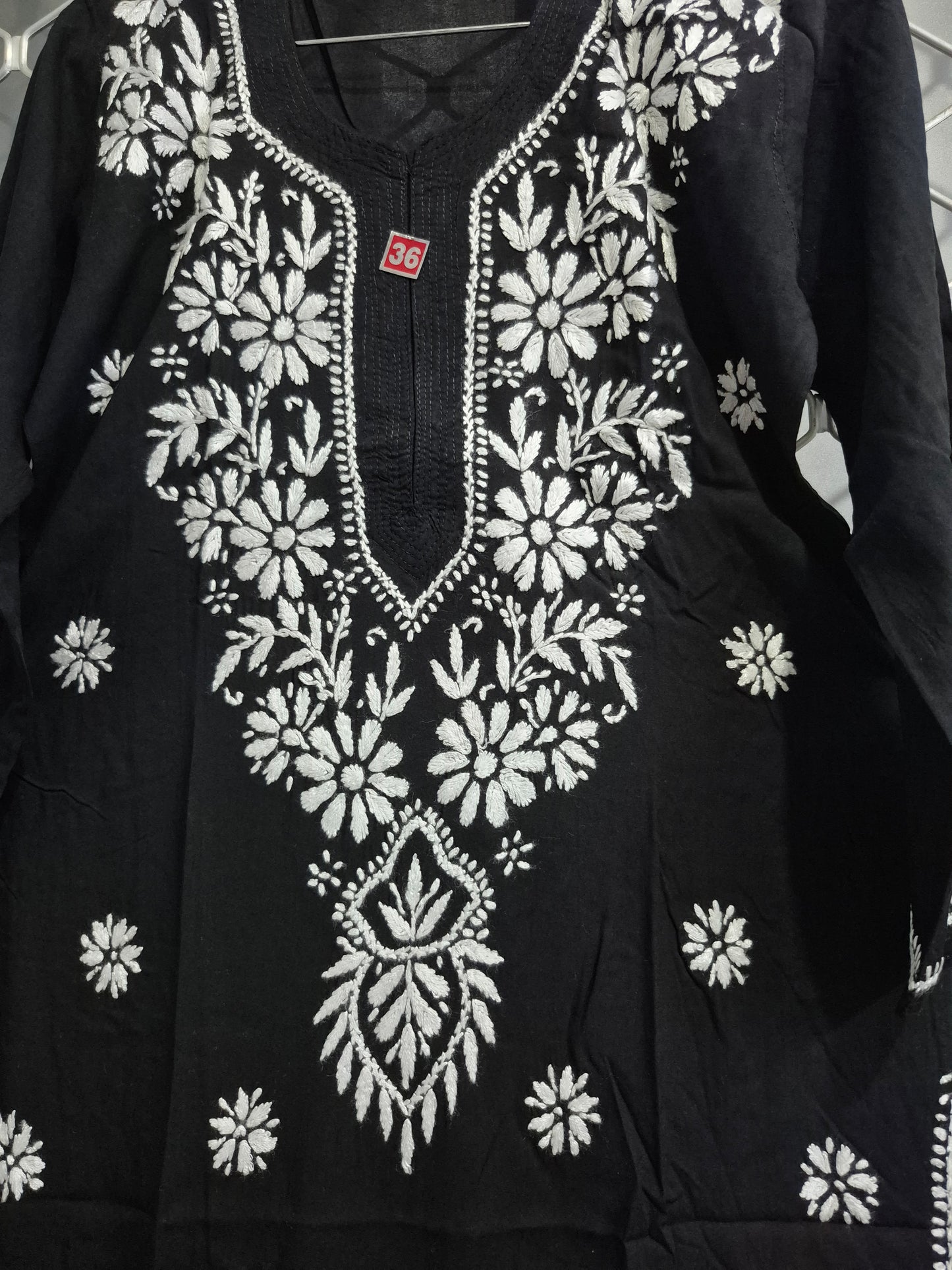 Black Modal Kurti with White Floral Embroidery – Women's Handcrafted Ethnic Kurta | 44 Inch Length | Indian Traditional Wear MS