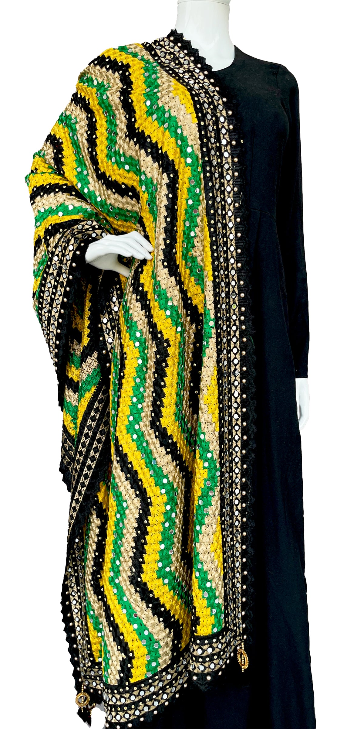 Black Multicolor Yellow Phulkari Dupatta, Indian Ethnic Punjabi Stole