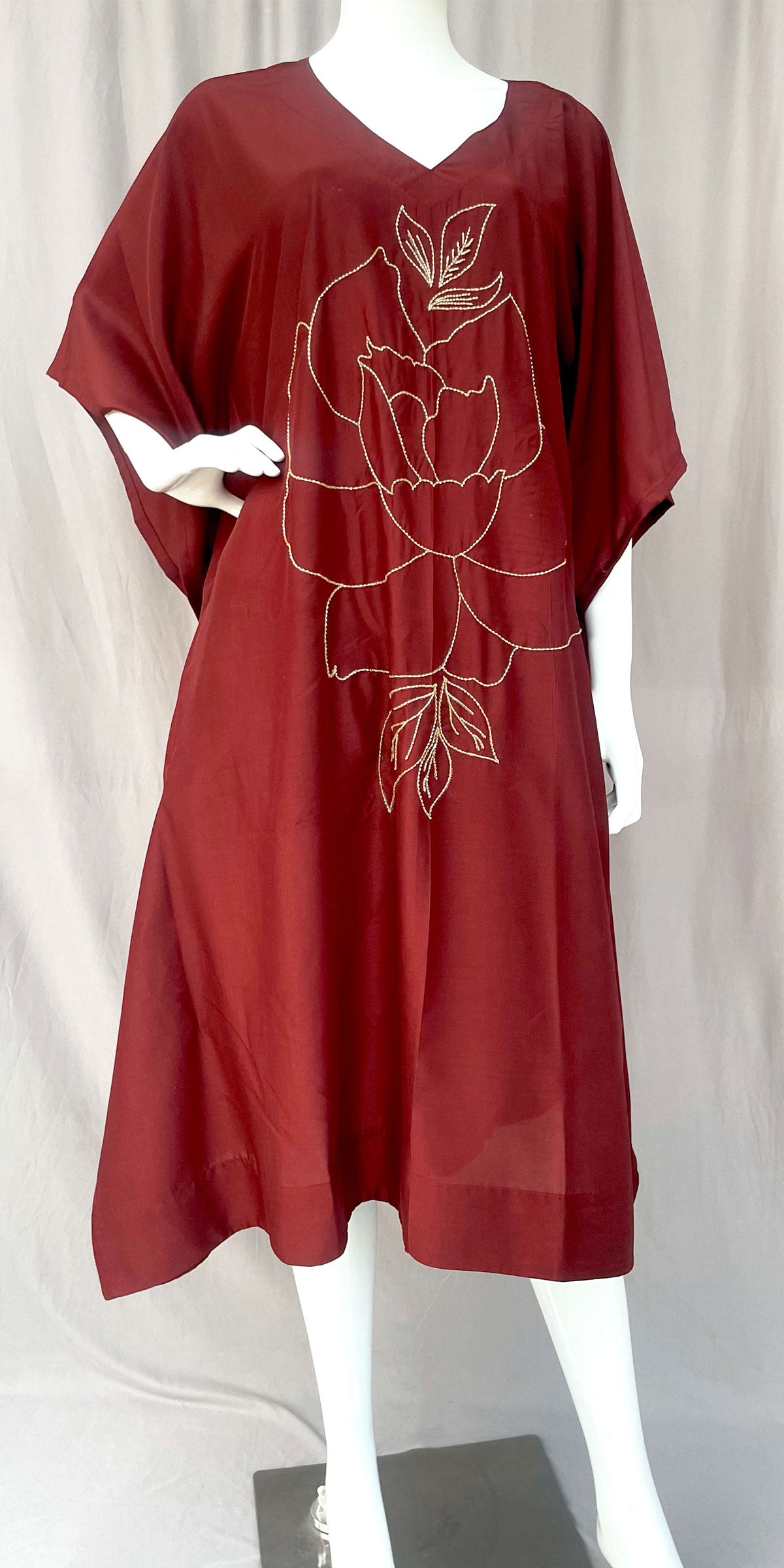 Maroon Hand Embroidered Kaftan, Pure Muslin Partywear Embroidered Floral Design Kaftan