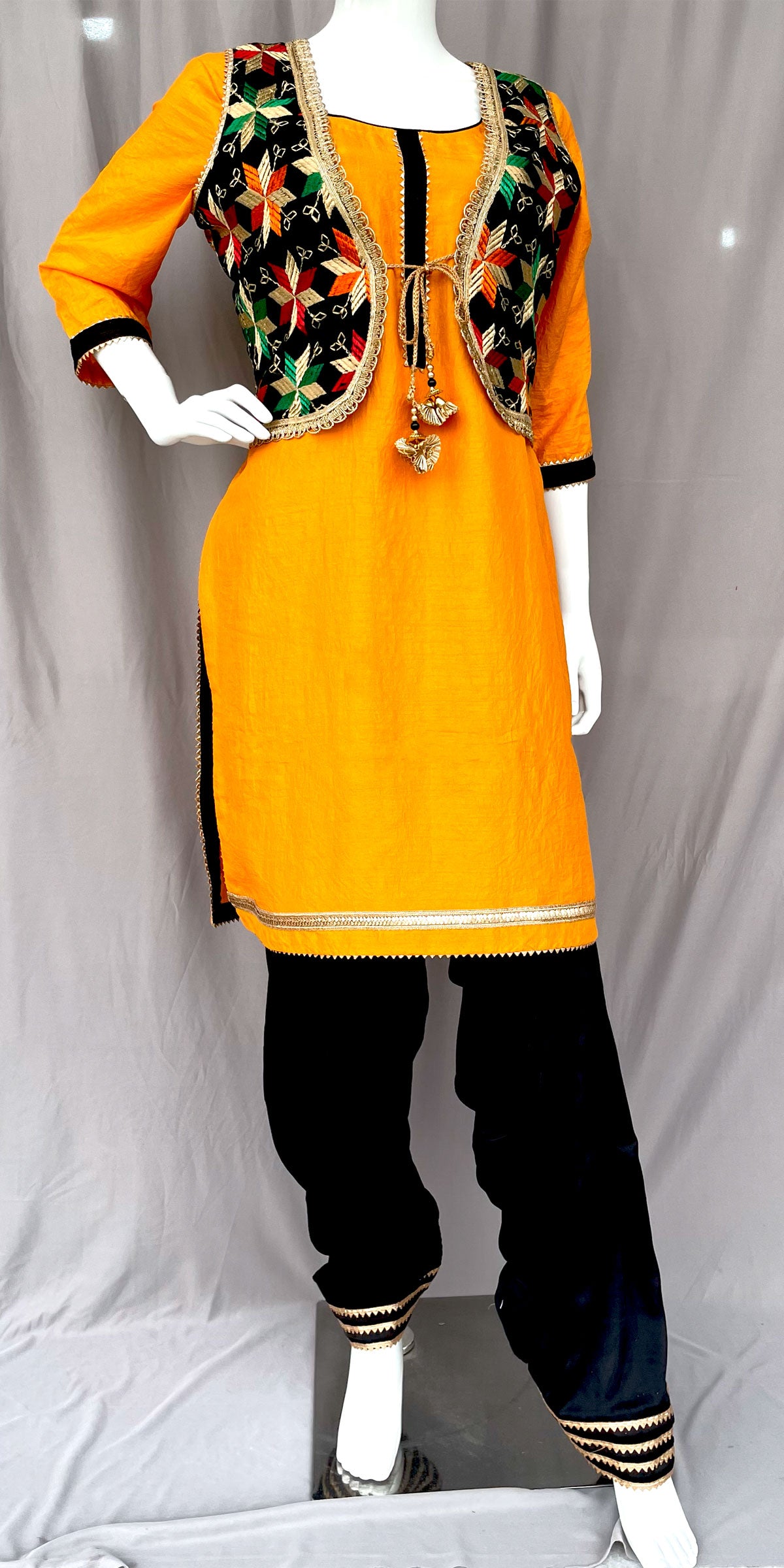 Black Phulkari Jacket with Patiala Salwar and Kurta, Bhangra dress for CNP Associates LLC Black Phulkari Jacket with Patiala Salwar and Kurta, Bhangra dress for CNP Associates LLC