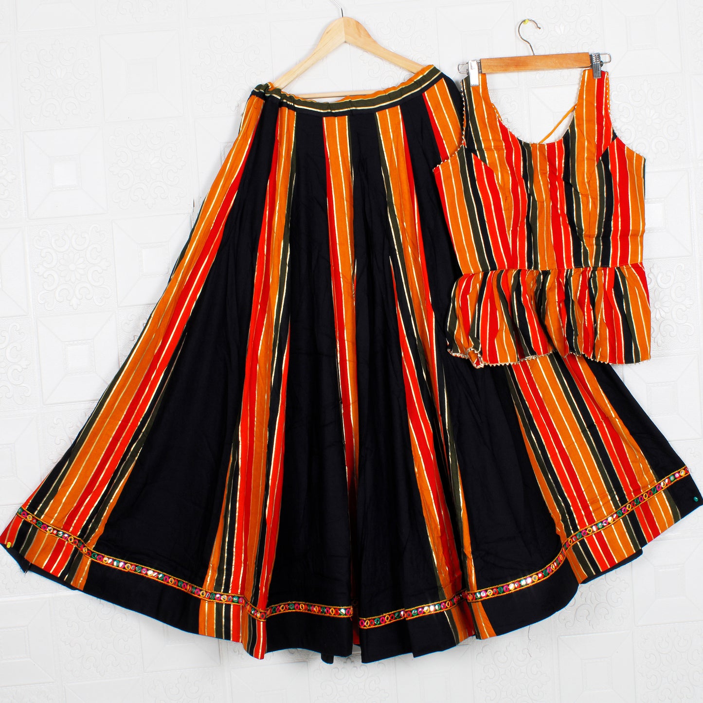 Black and Orange Striped Traditional Gujarati Chaniya Choli/Lehenga Dress, Lehenga, embroidery, Dandiya Dress, Navaratri Pooja, With Border