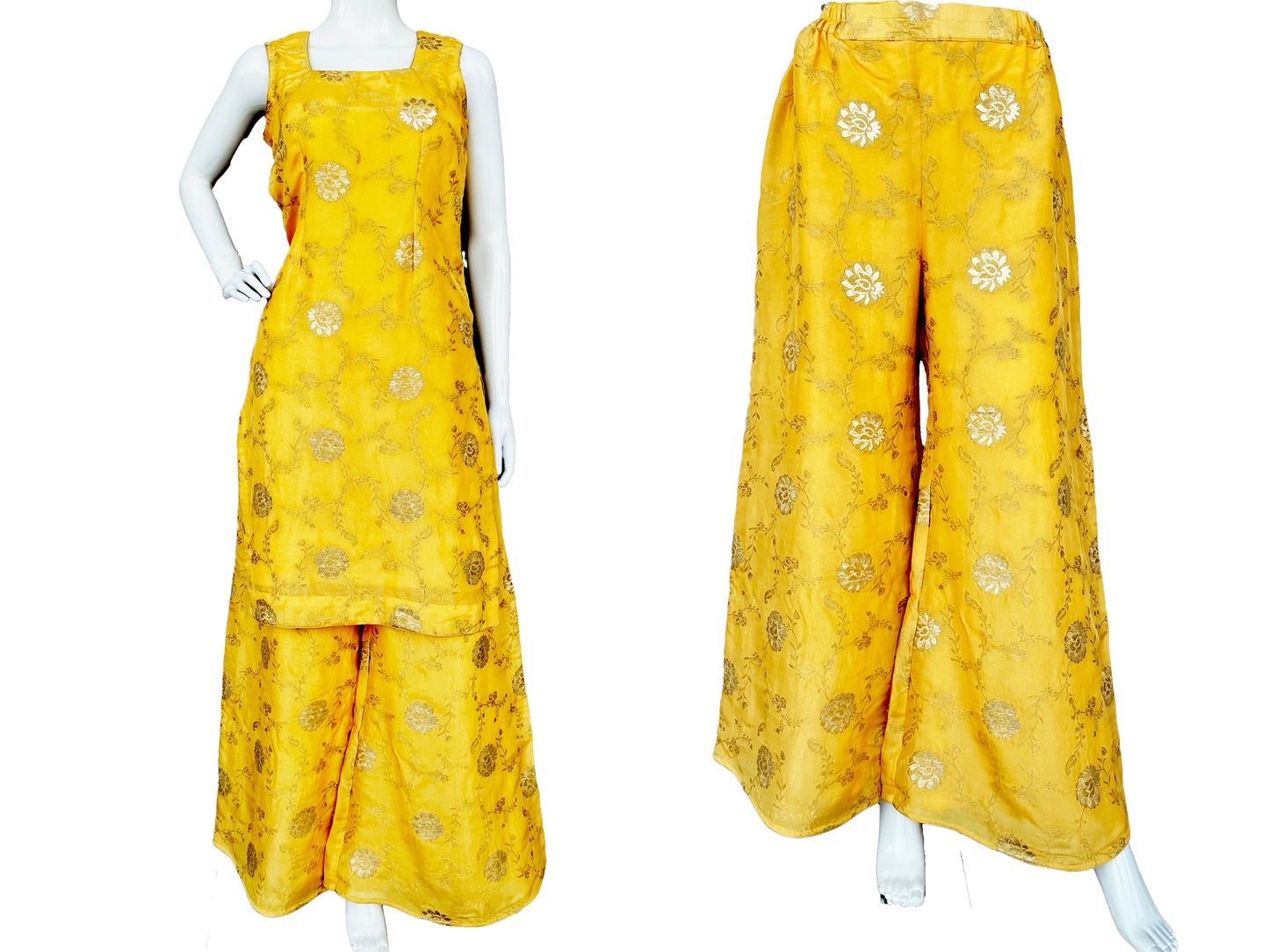 Yellow Pure Silk Palazzo Suit with Dupatta, Zari Floral Embroidery All over, Sleeveless kurta Palazzo