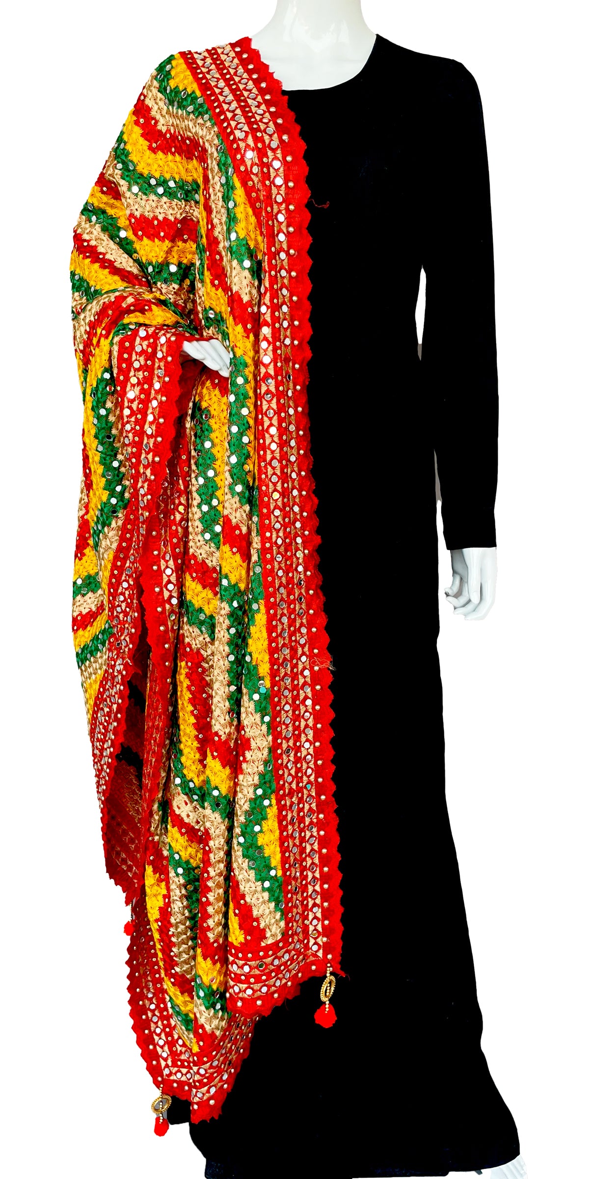 Red Multicolor Golden Zig Zag Phulkari Dupatta, Indian Ethnic Punjabi Stole