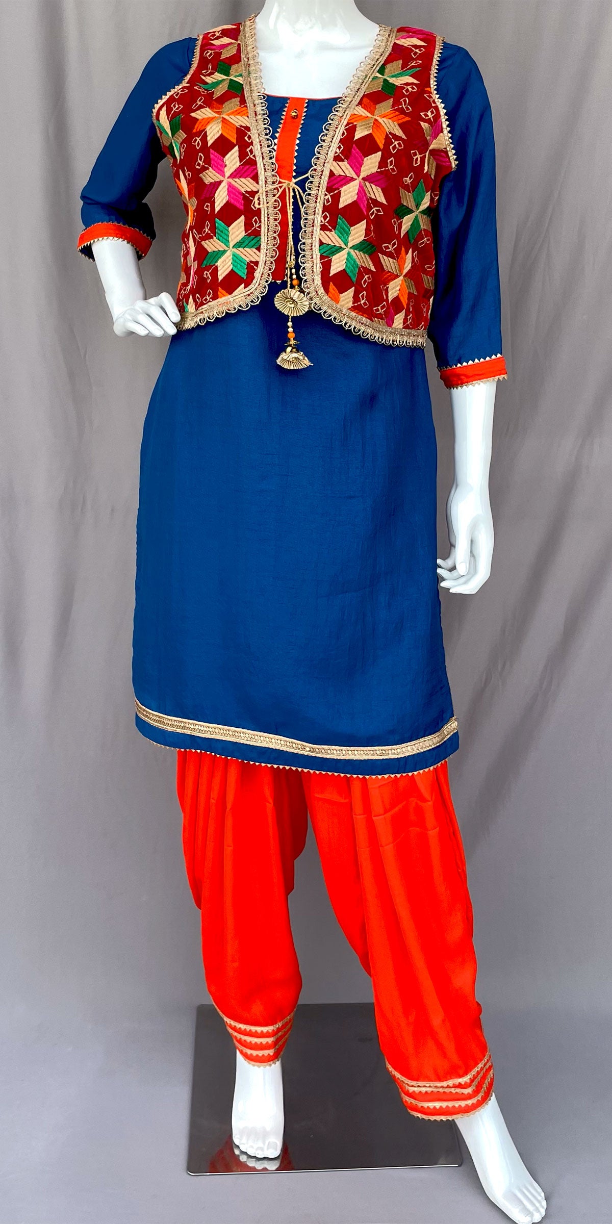 Red Phulkari Jacket with Patiala Salwar and Kurta, Bhangra dress for w CNP Associates LLC Red Phulkari Jacket with Patiala Salwar and Kurta, Bhangra dress for w CNP Associates LLC