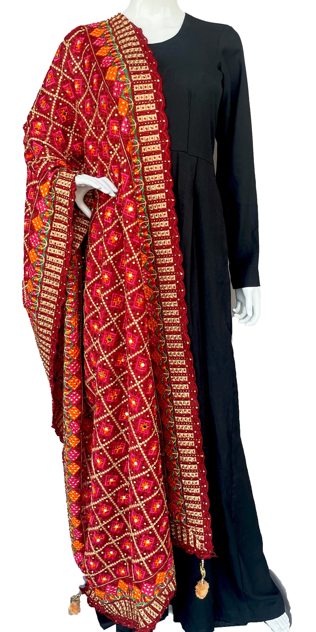 Maroon Golden Phulkari Dupatta, Indian Ethnic Punjabi Stole, with sequins work
