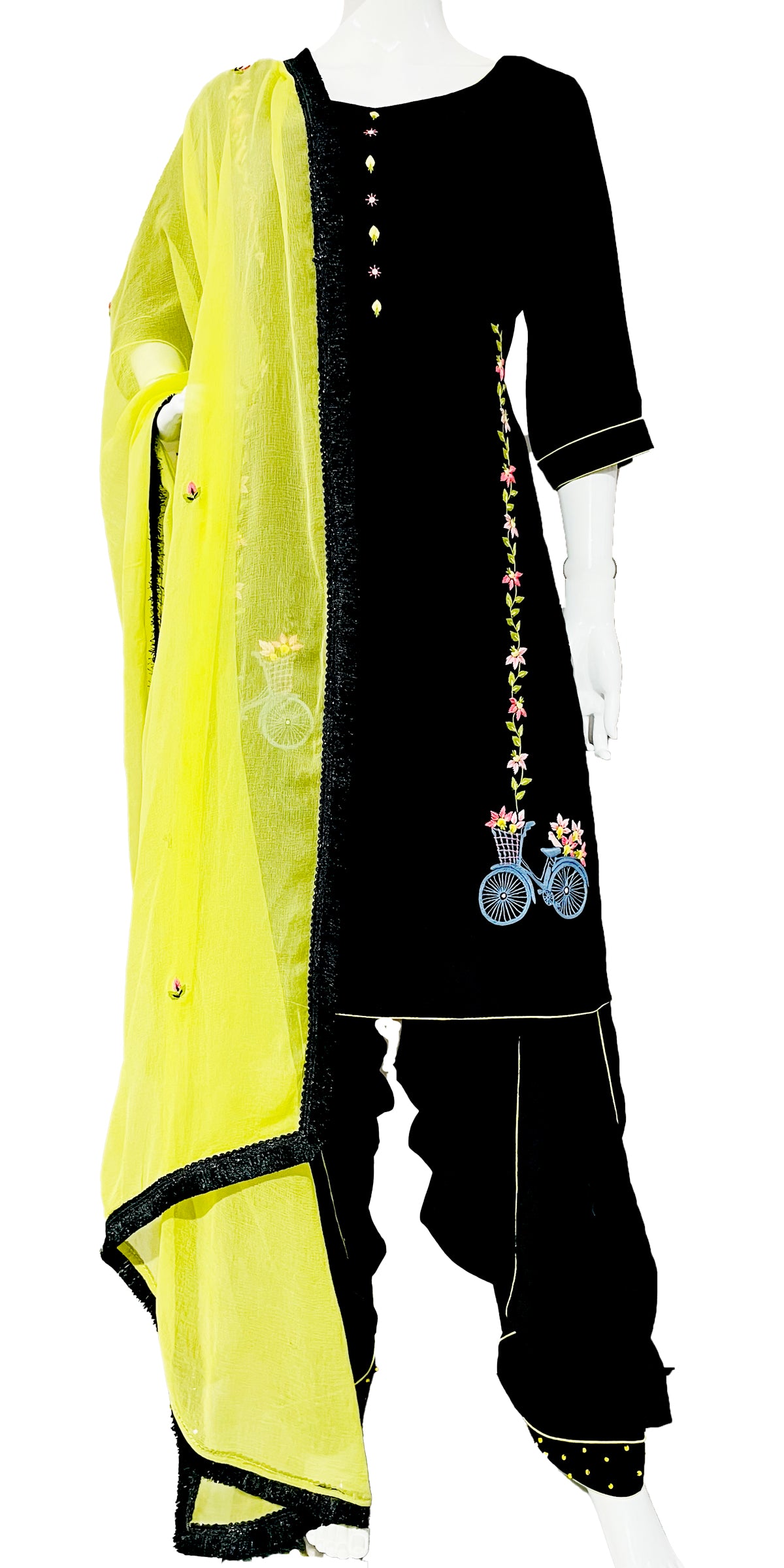 Black and Yellow Muslin Patiala Salwar Suit with Hand Embrodiery CNP Associates LLC Black and Yellow Muslin Patiala Salwar Suit with Hand Embrodiery CNP Associates LLC
