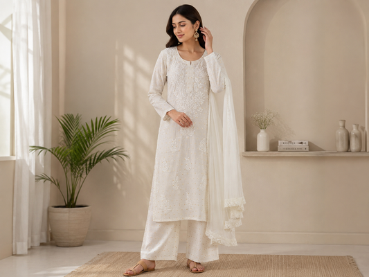 White Chanderi Palazzo Suit Set for Women | 3 Piece Lucknowi Chikankari & Zari Work Kurta with Dupatta | Festive Ethnic Wear ZN