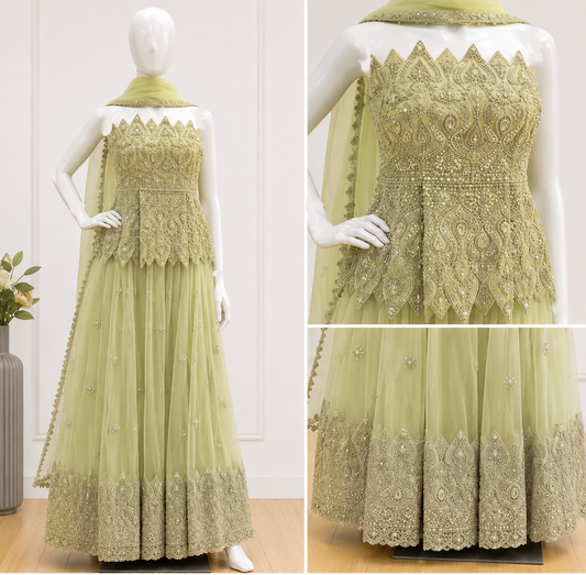 Designer Pastel Green Net Lehenga with Set with Dupatta
