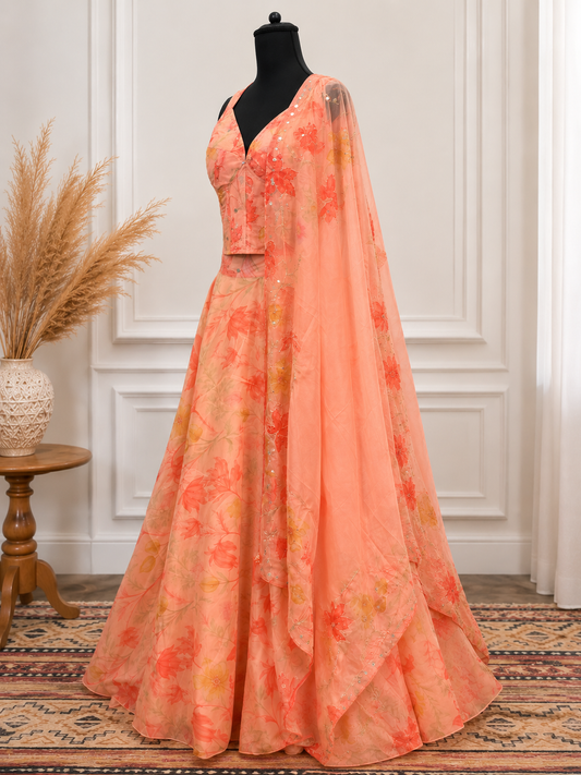 Peach Floral Printed Lehenga Set with Embroidered Blouse & Organza Dupatta