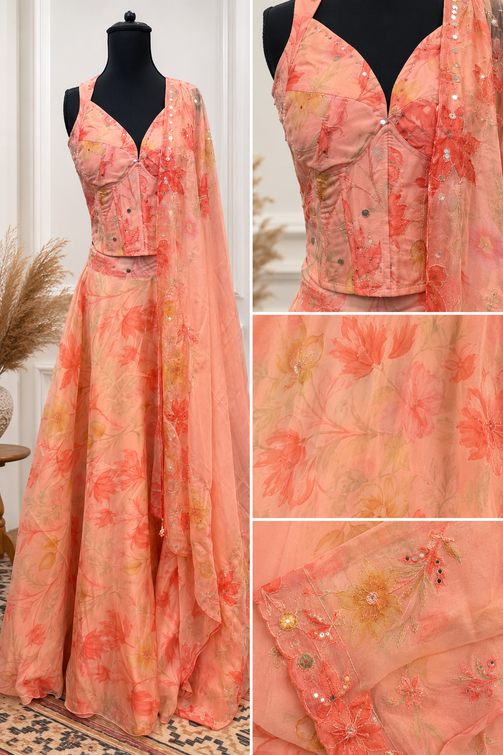 Peach Floral Printed Lehenga Set with Embroidered Blouse & Organza Dupatta