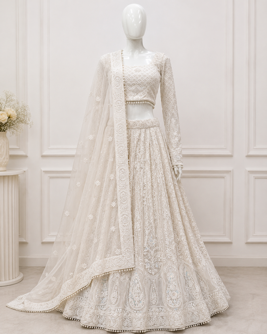 Off White Chikankari Pearl & Rainbow Sequin Lehenga Set with Organza Silk Dupatta