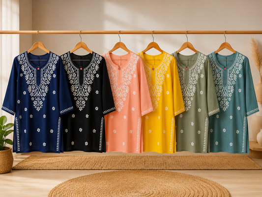 Hand Embroidered Lucknowi Rayon Kurti | Women's Rayon Top | Chikankari Style Kurta | 30 Inch Short Kurti | Casual Ethnic Wear MS