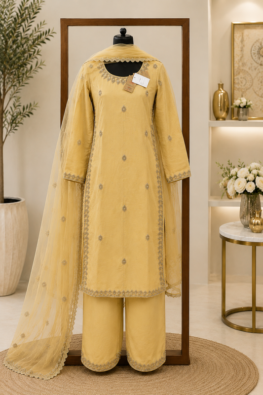 Mustard yellow hand embroidered Viscose Silk salwar suit set with matching pants and Chinon dupatta.