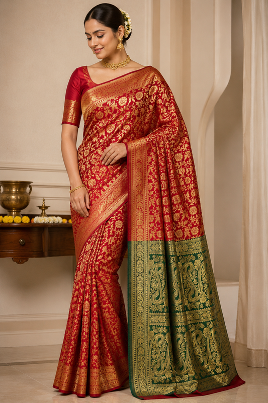 Close-up of Red Banarasi Silk Saree with Gold Floral Zari Weaving and Green Paisley Border