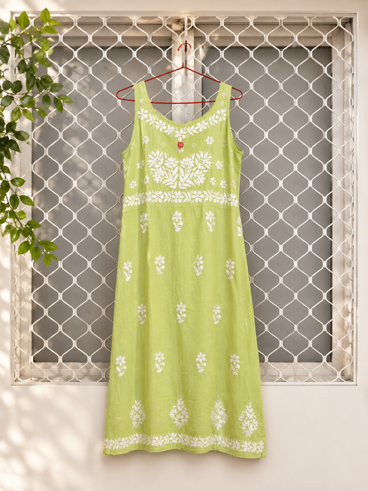 Light Green Chikankari dress, Light Green summer dress, Light Green embroidered rayon gown, Light Green resort wear, Light Green Hand embroidered dress, Light Green knee length dress,