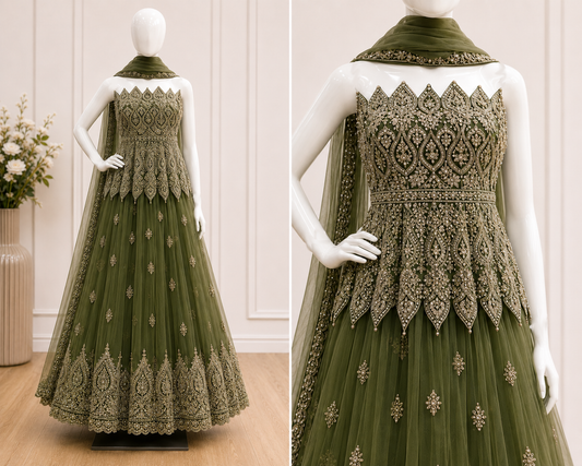 Designer Mehendi Green Net Lehenga with Set with Dupatta