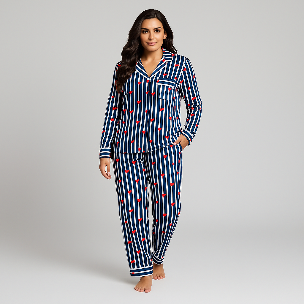 Navy Striped Pajama Set with Red Hearts, Soft Cotton Loungewear, Matching Top & Bottom, Women's Cozy Sleepwear, Gift for Her