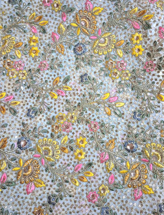 White Georgette Embroidered Dupatta with Multicolor Floral Thread & Sequin Work