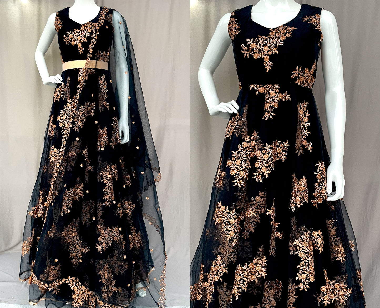 Black Flared Net Long Gown with Dupatta, Indian Long Dress, Embroidery, Party wear