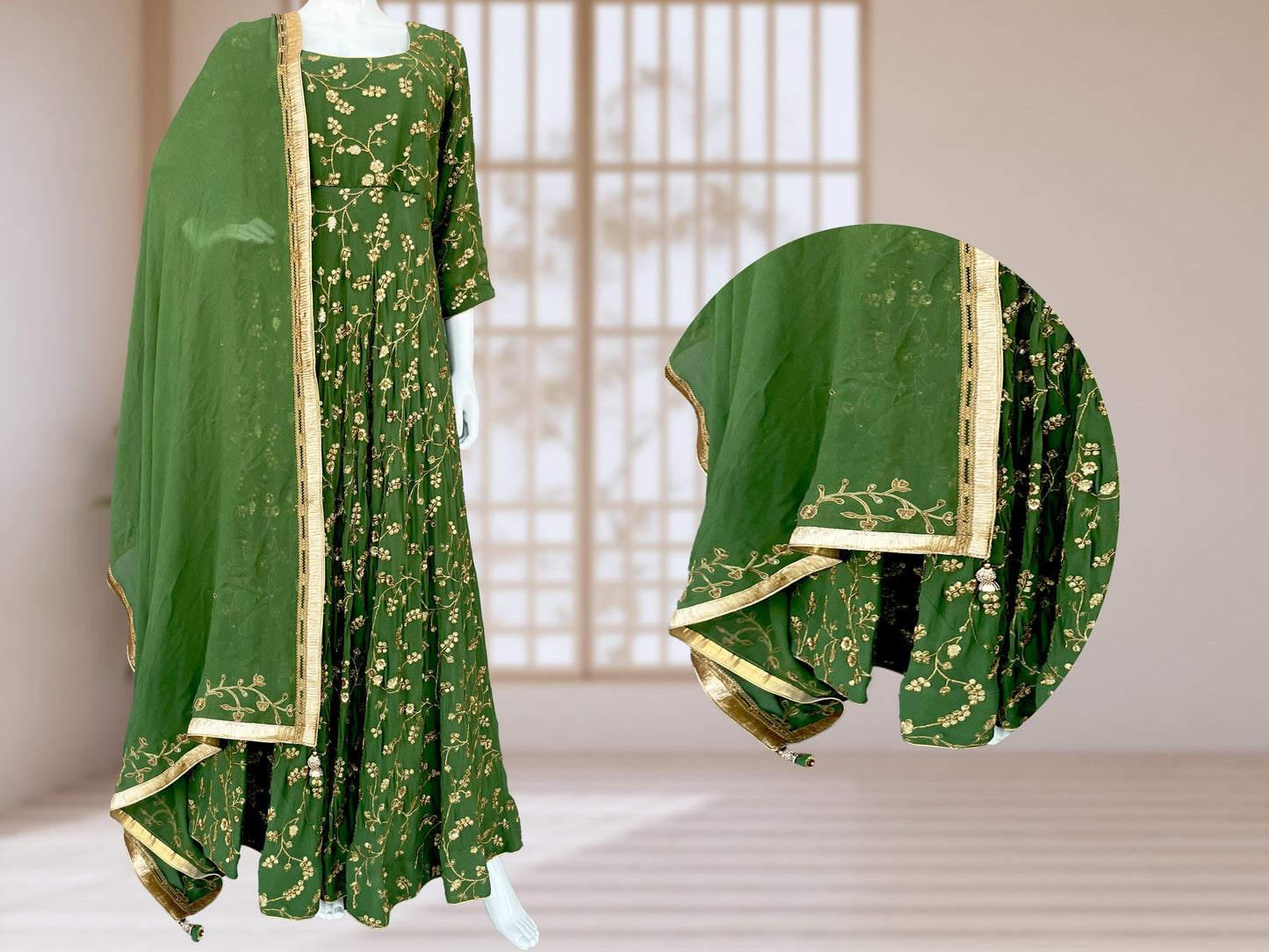 Olive Green Flared Pure Georgette Long Gown, Golden Embroidery, Bridesmaid, Wedding Wear