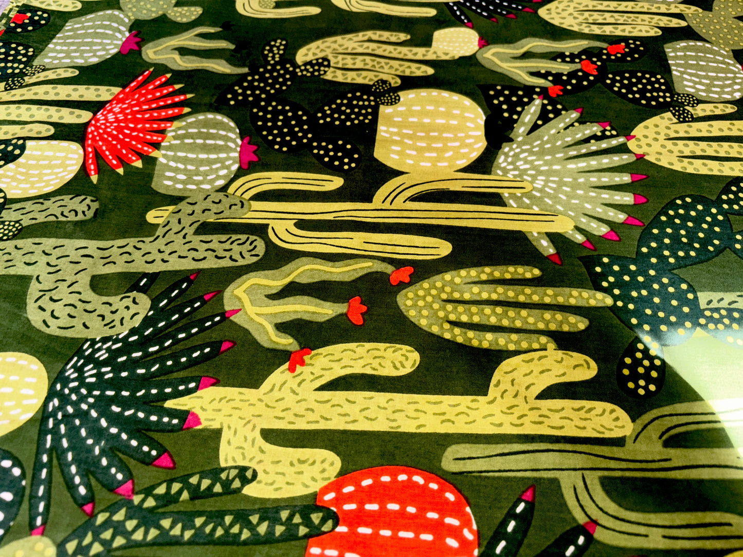 Black Pure Cotton Cambric Printed Fabrics, Colorful Cactus Print, Floral