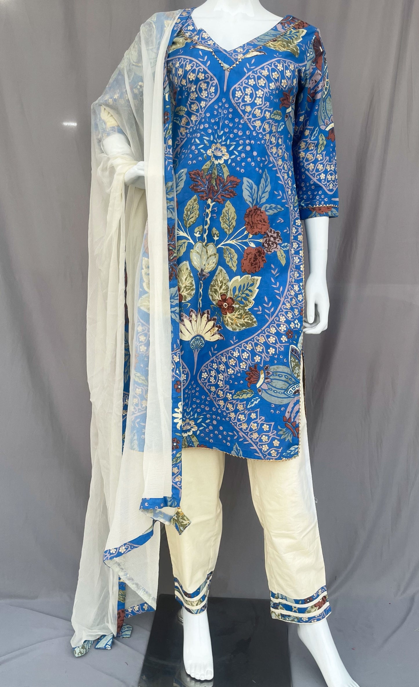 Blue and Cream Pure Cotton Indian Straight Pant Suit