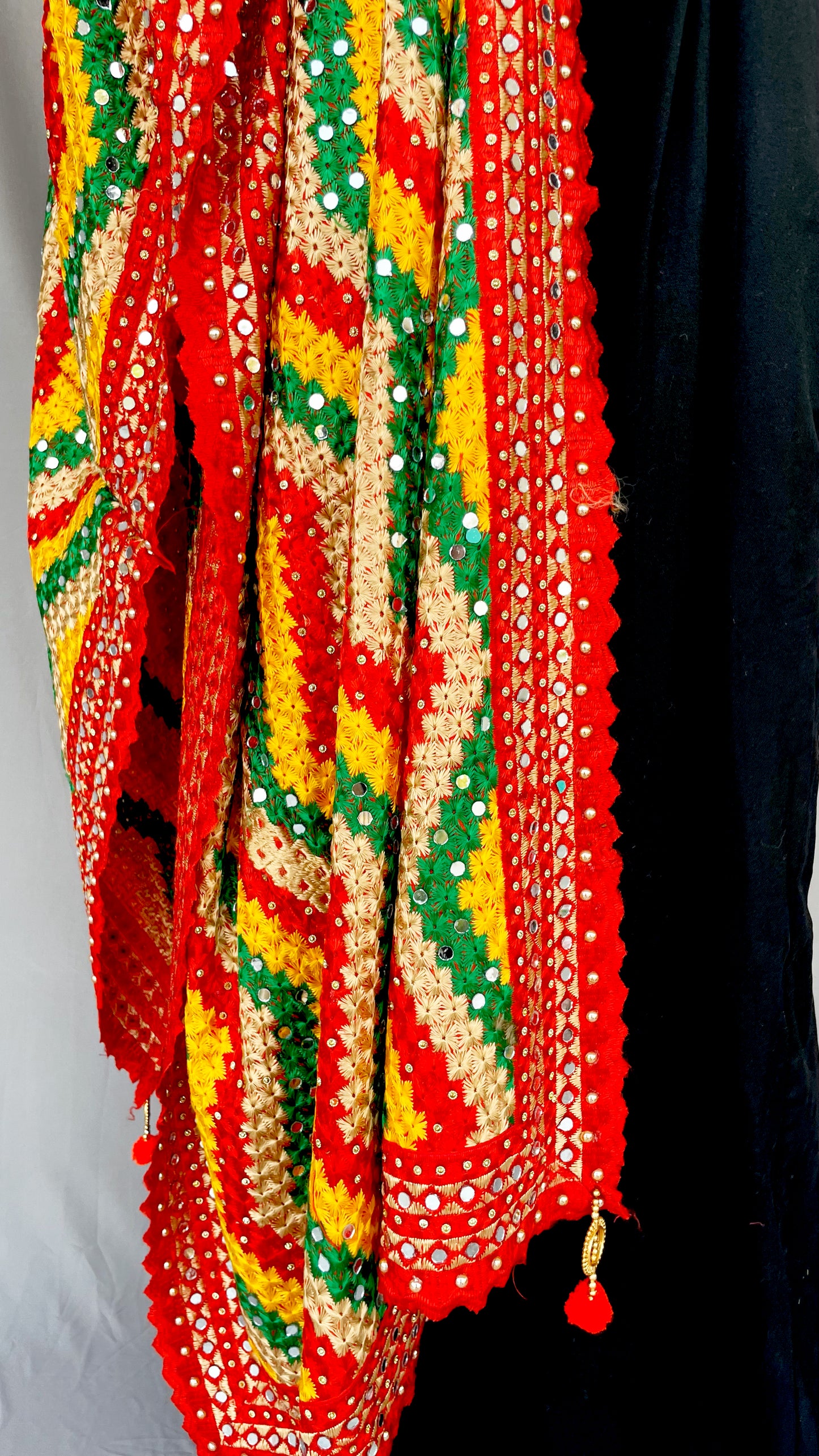 Red Multicolor Golden Zig Zag Phulkari Dupatta, Indian Ethnic Punjabi Stole