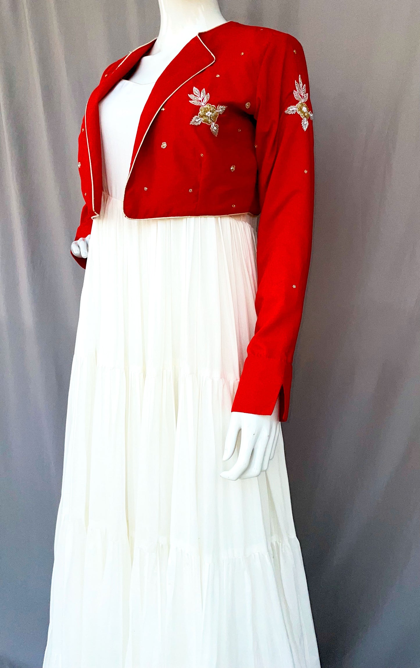 Red Hand Embroidered Jacket with White Flared Four Tiered Pure Muslin Long Dress