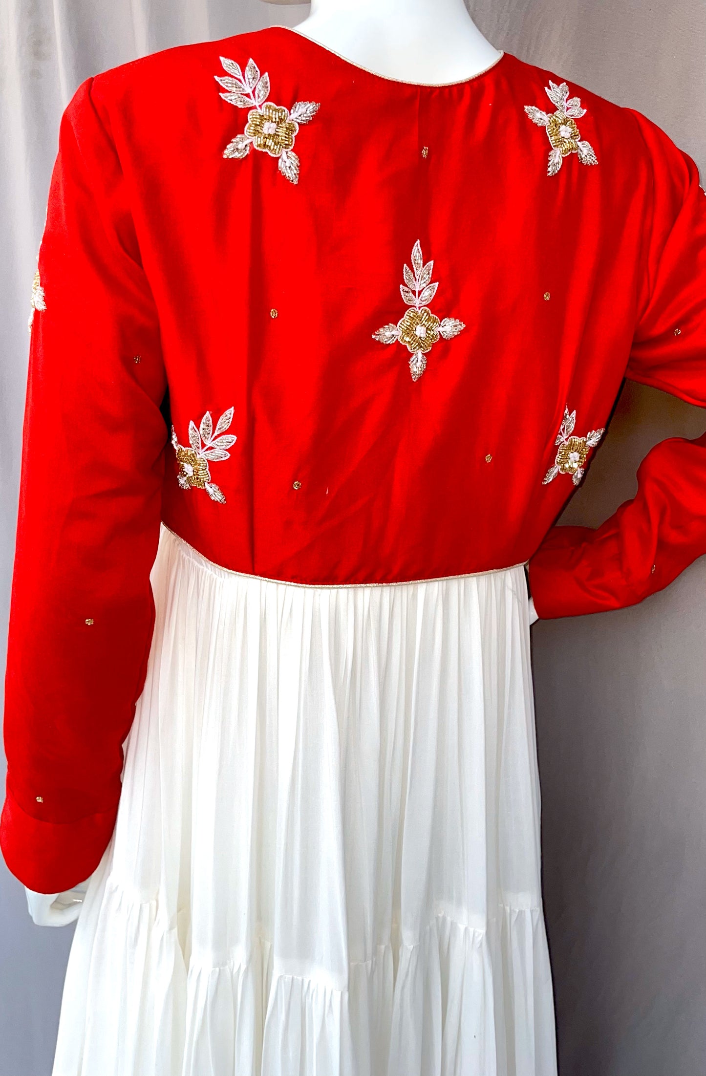 Red Hand Embroidered Jacket with White Flared Four Tiered Pure Muslin Long Dress