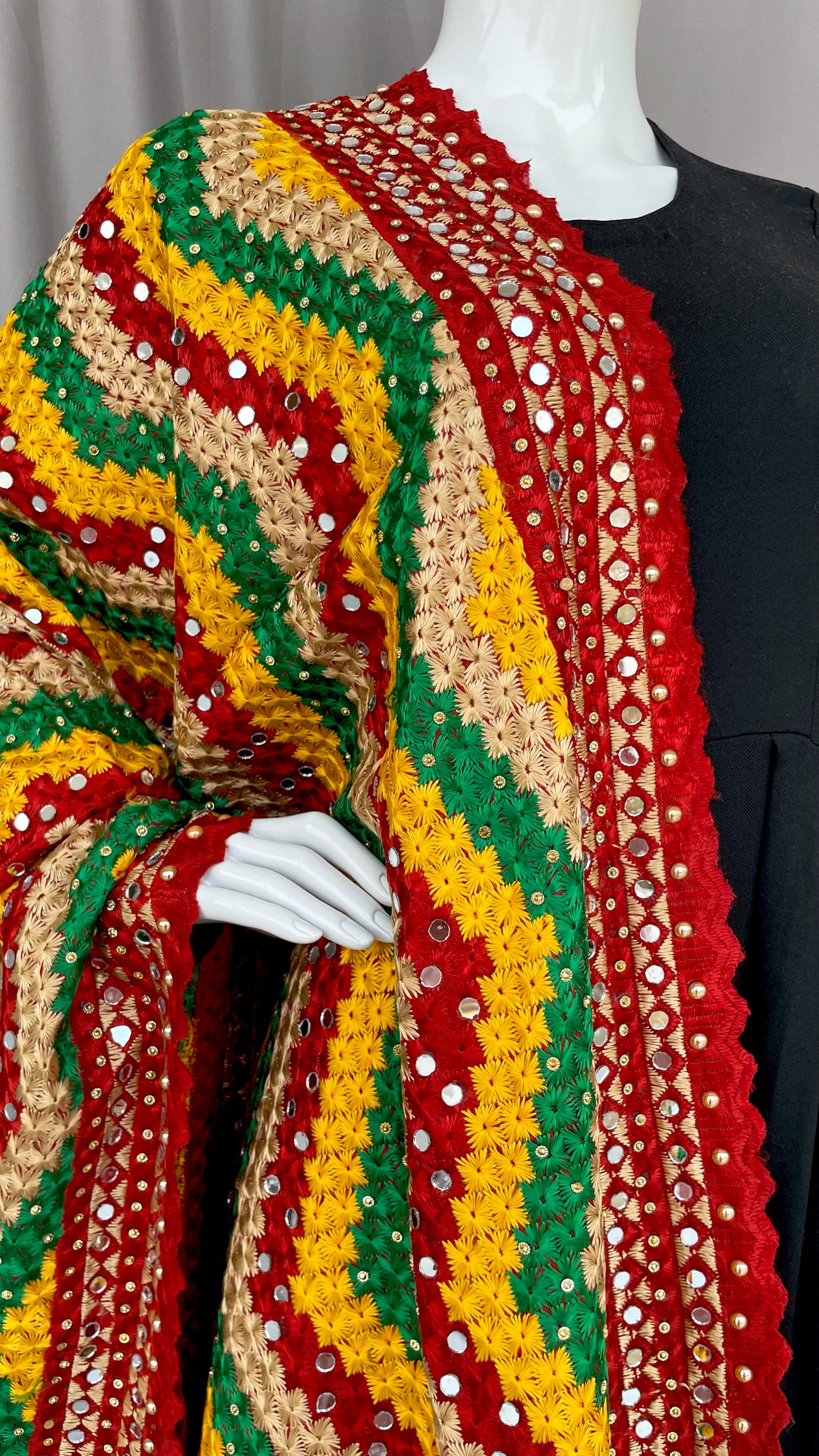 Maroon Multicolor Golden Zig Zag Phulkari Dupatta, Indian Ethnic Punjabi Stole
