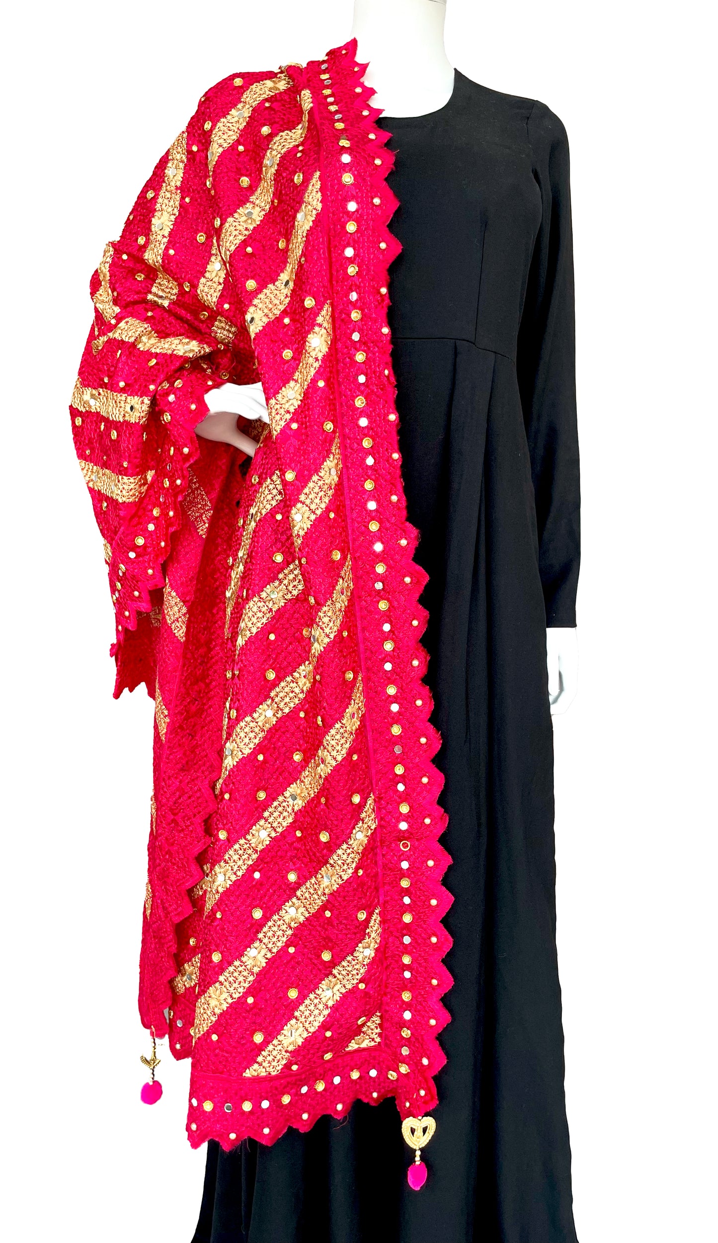 Red and Golden Phulkari with Tassels and Mirror Work