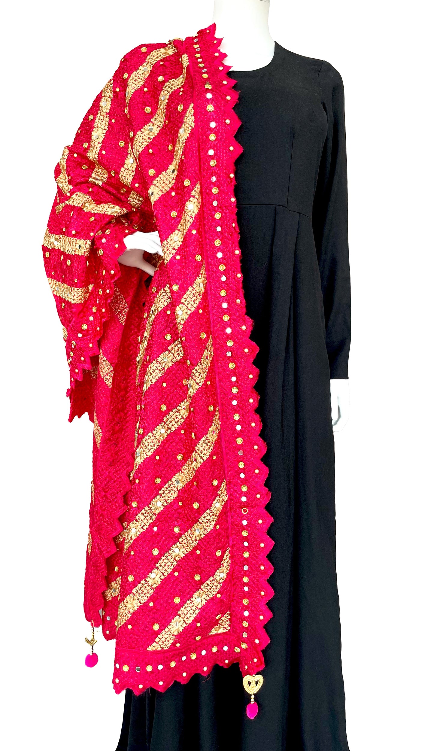 Pink and Golden Phulkari with Tassels and Mirror Work