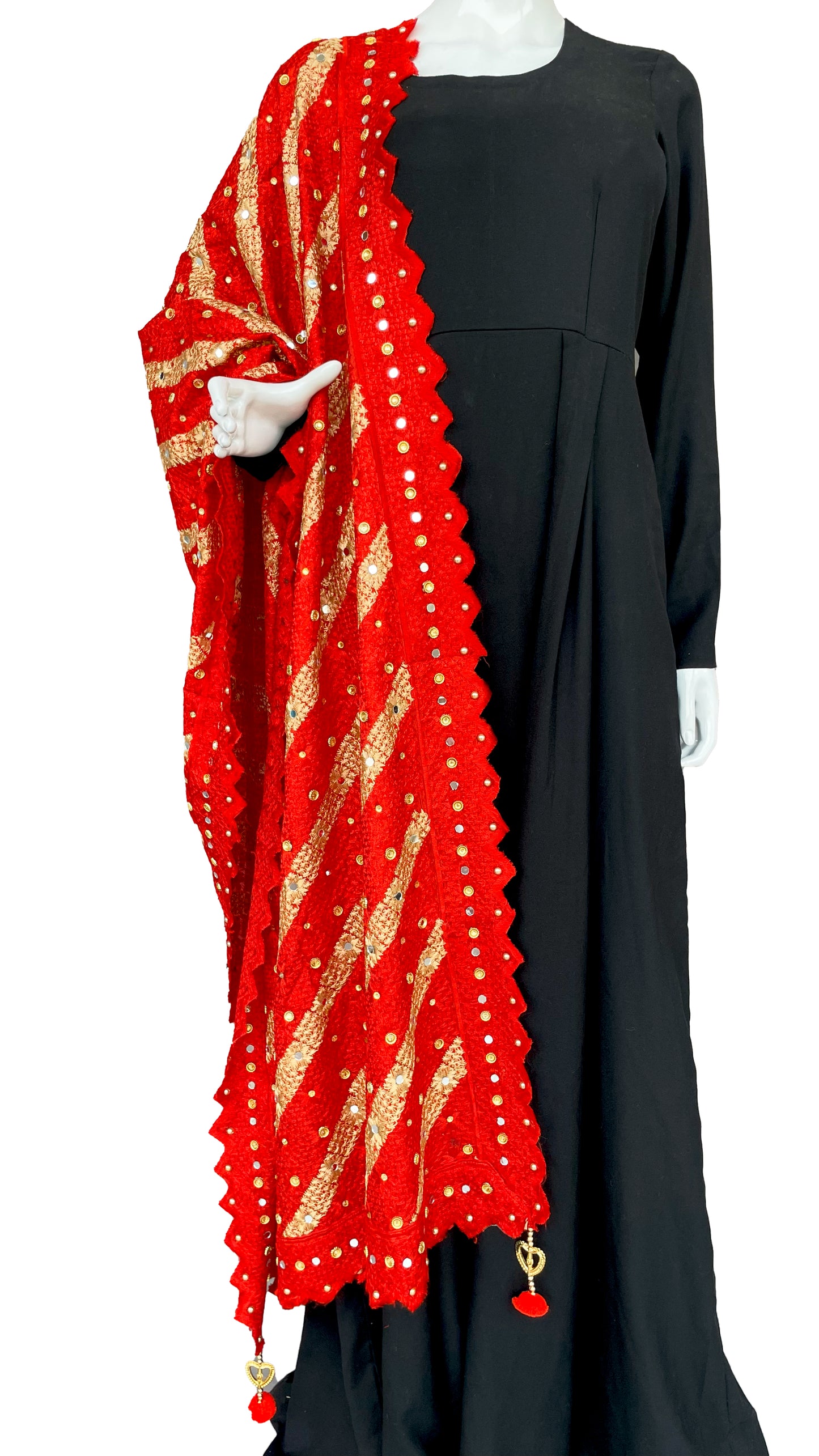 Red and Golden Phulkari with Tassels and Mirror Work