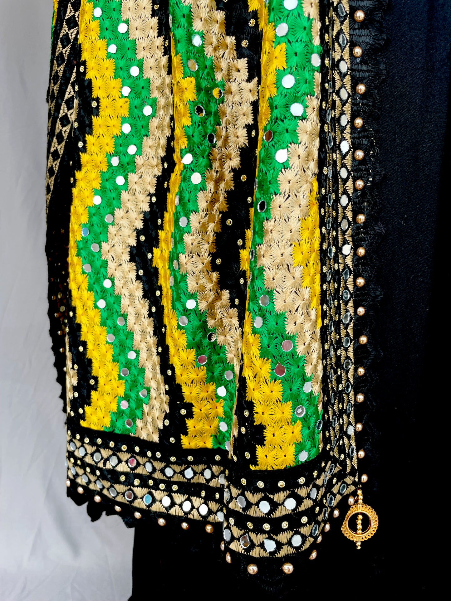 Black Multicolor Yellow Phulkari Dupatta, Indian Ethnic Punjabi Stole