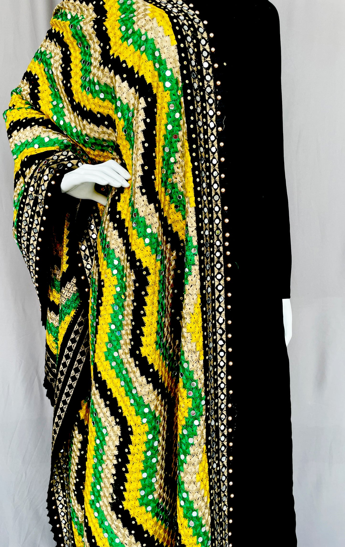 Black Multicolor Yellow Phulkari Dupatta, Indian Ethnic Punjabi Stole