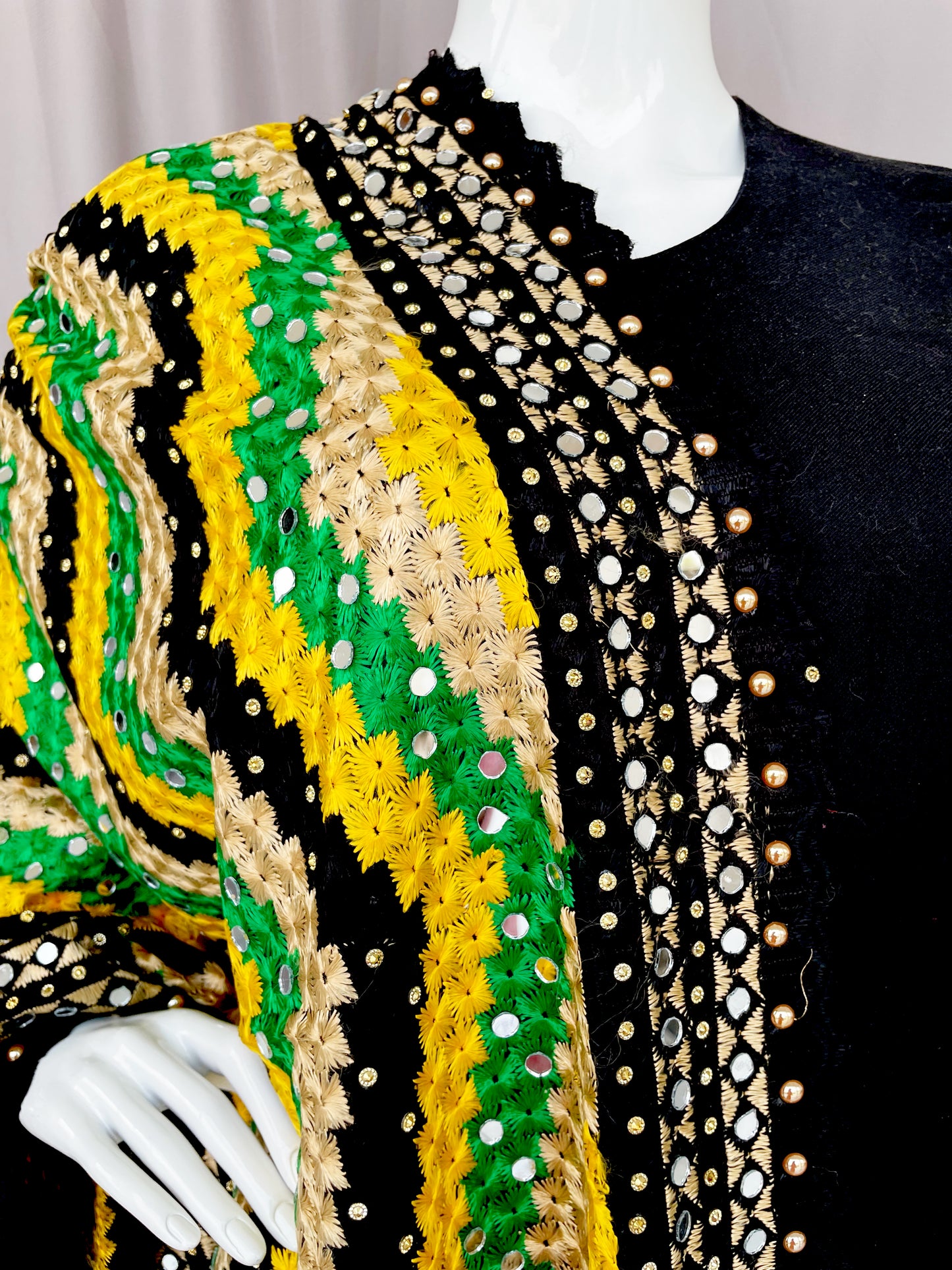 Black Multicolor Yellow Phulkari Dupatta, Indian Ethnic Punjabi Stole