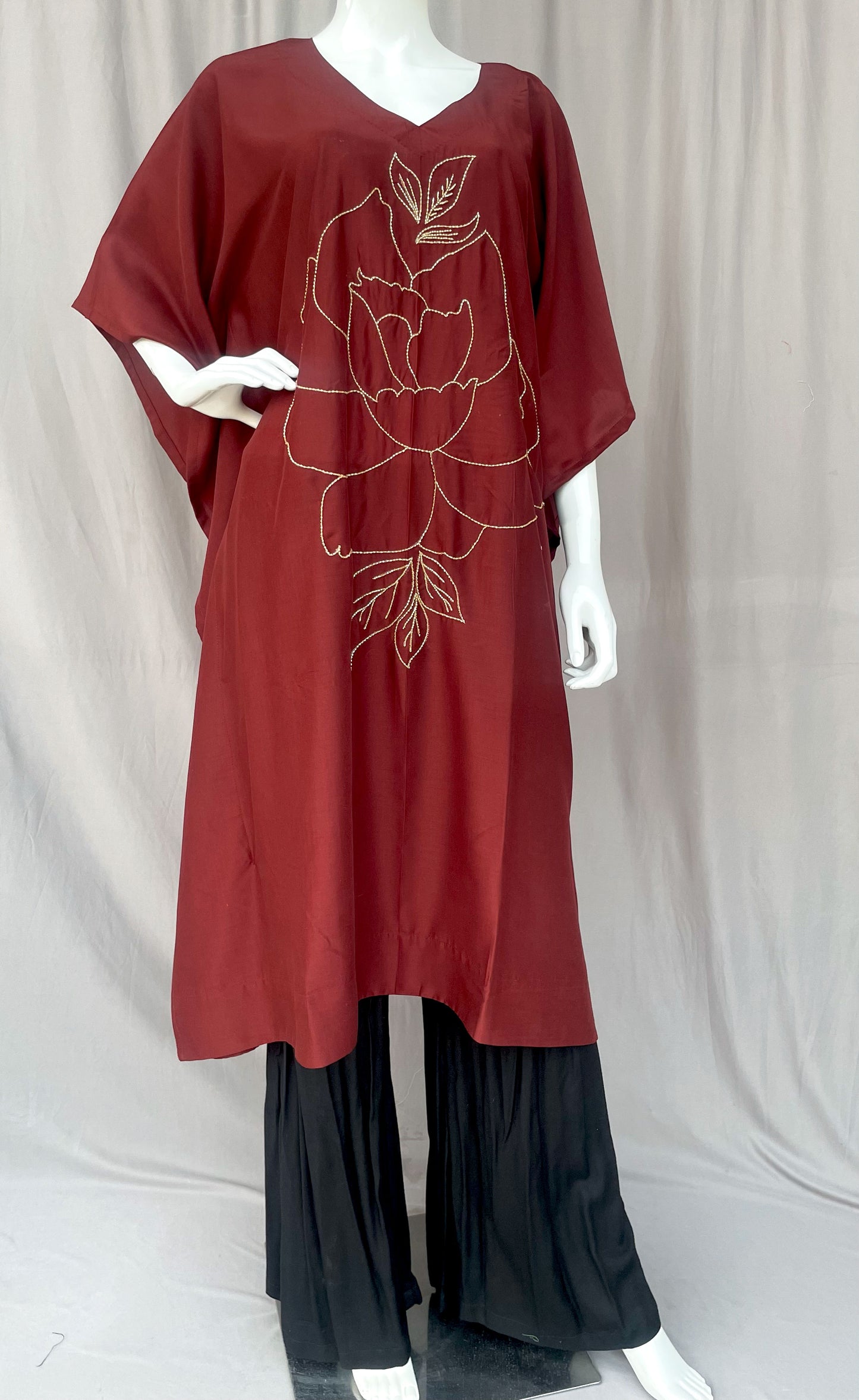 Maroon Hand Embroidered Kaftan, Pure Muslin Partywear Embroidered Floral Design Kaftan