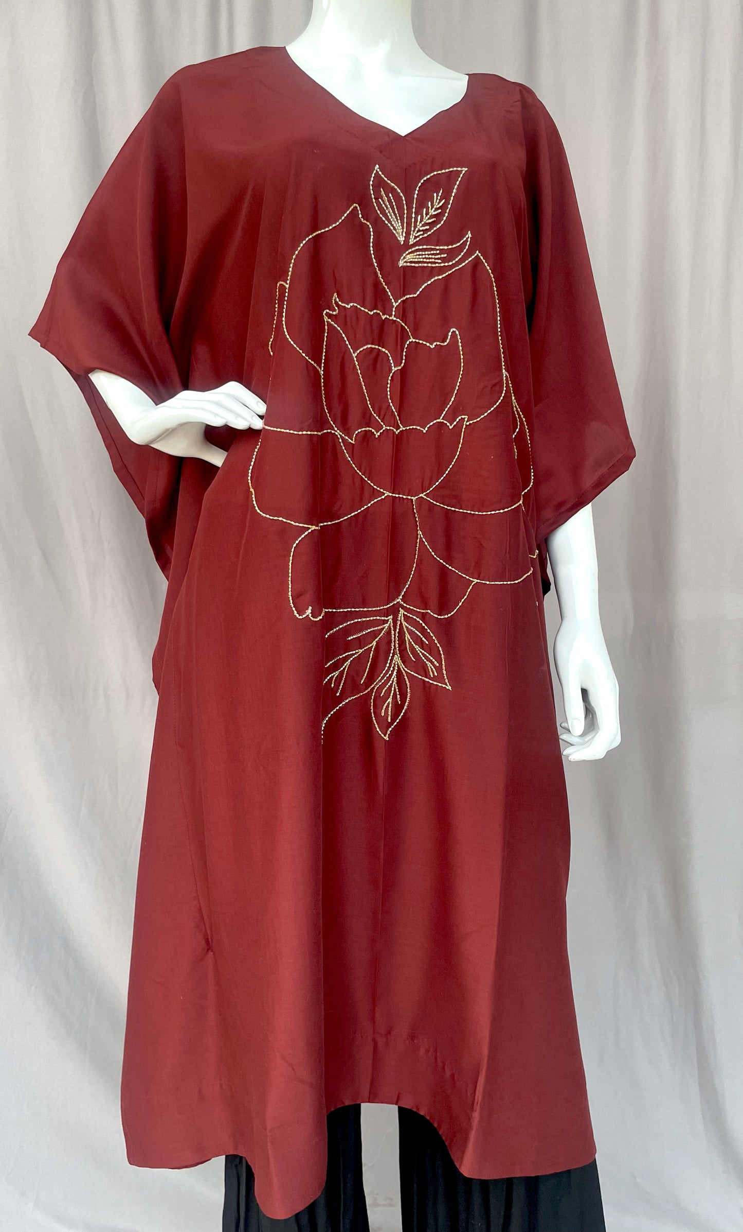 Maroon Hand Embroidered Kaftan, Pure Muslin Partywear Embroidered Floral Design Kaftan