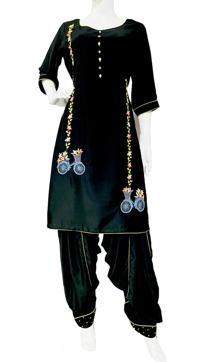 Black and Yellow Muslin Patiala Salwar Suit with Hand Embrodiery