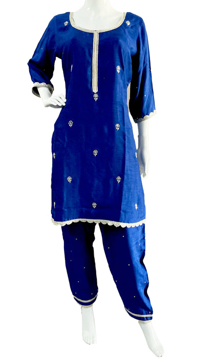 Blue Silver Pant suit with Kurta Top and Dupatta with border, Pure Silk Pant Suit