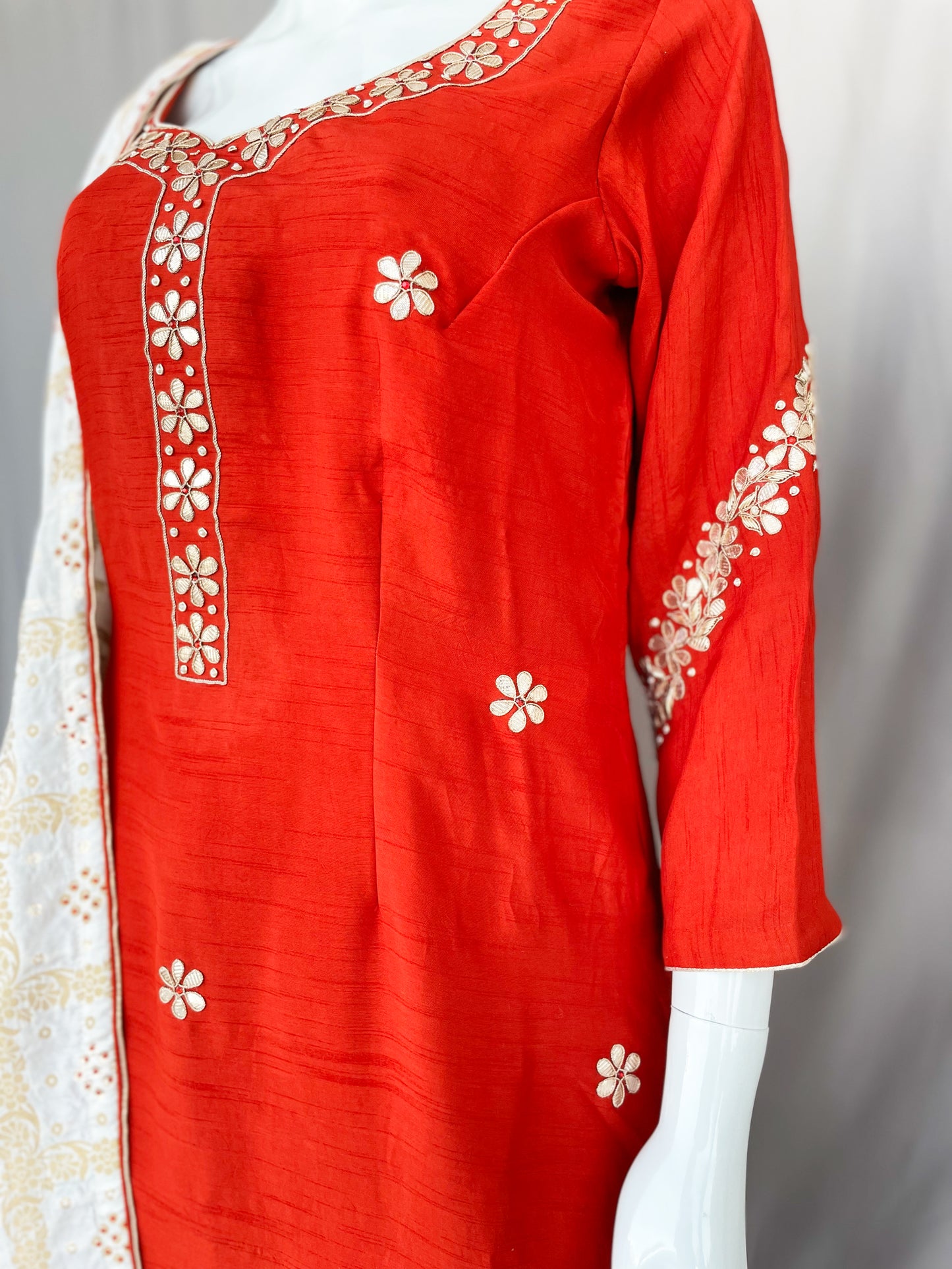 Red and White Gota Patti Punjabi Patiala Salwar Suit, Pure Silk Punjabi Suit