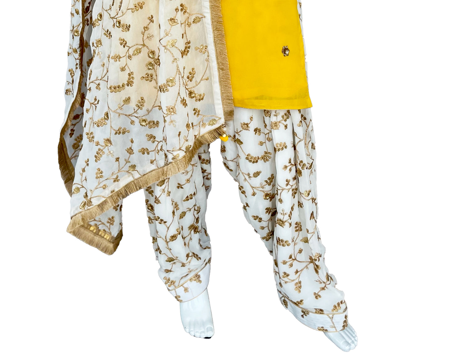 Yellow White Punjabi Patiala Salwar Suit, Embroidered Suit, Pure Georgette