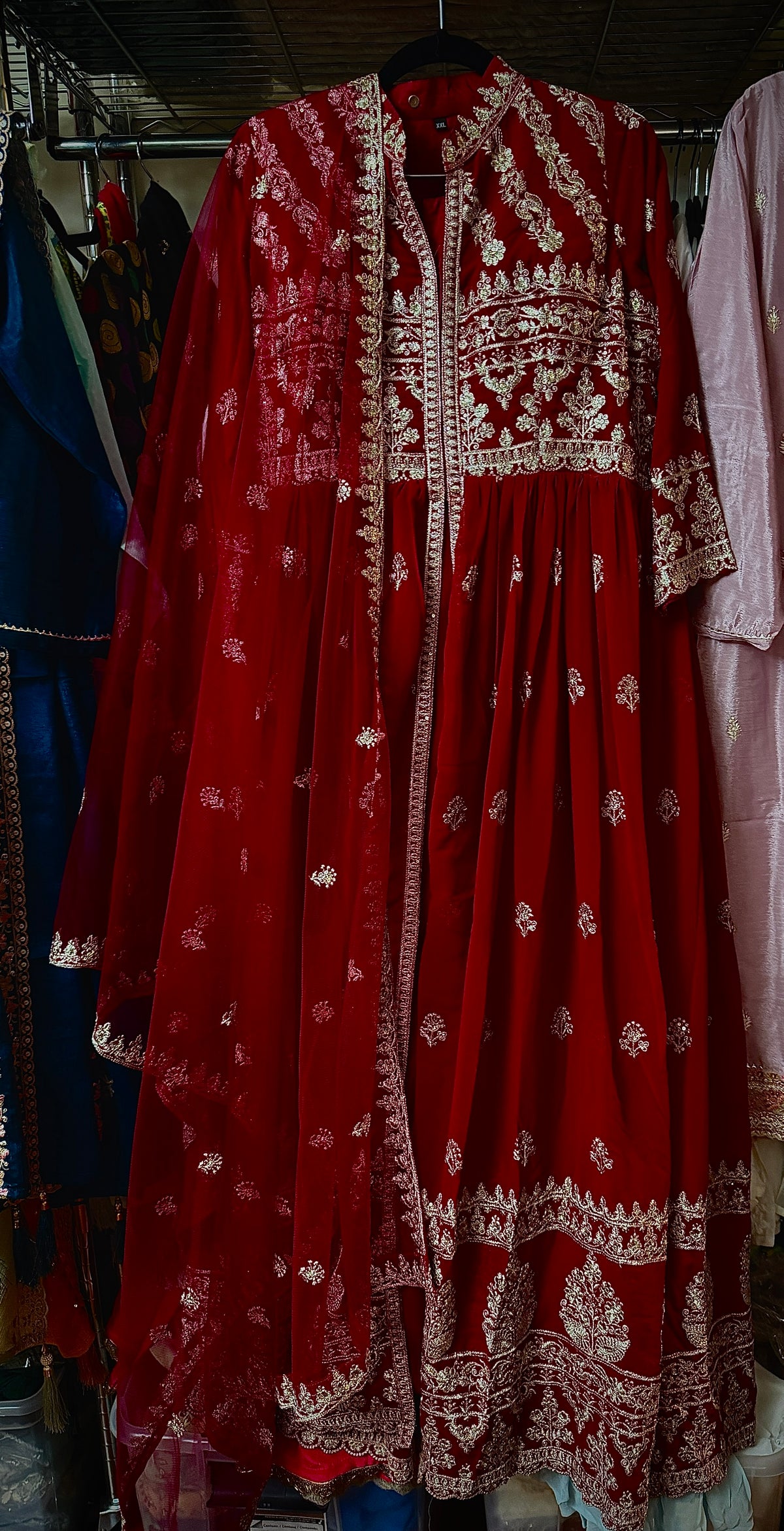 Deep Red Embroidered Faux Georgette Anarkali Gown Set, 3 Pc Set