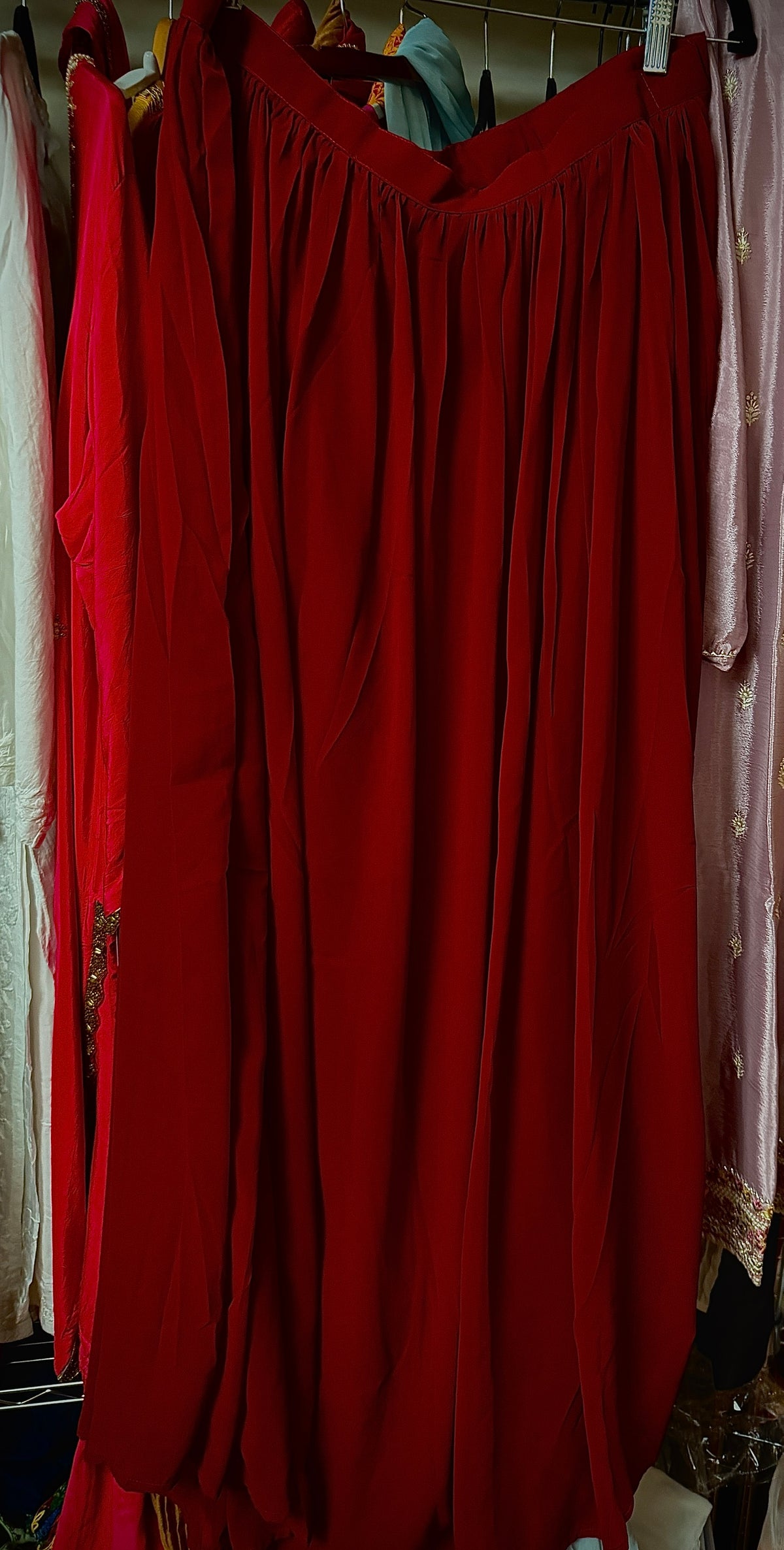 Deep Red Embroidered Faux Georgette Anarkali Gown Set, 3 Pc Set