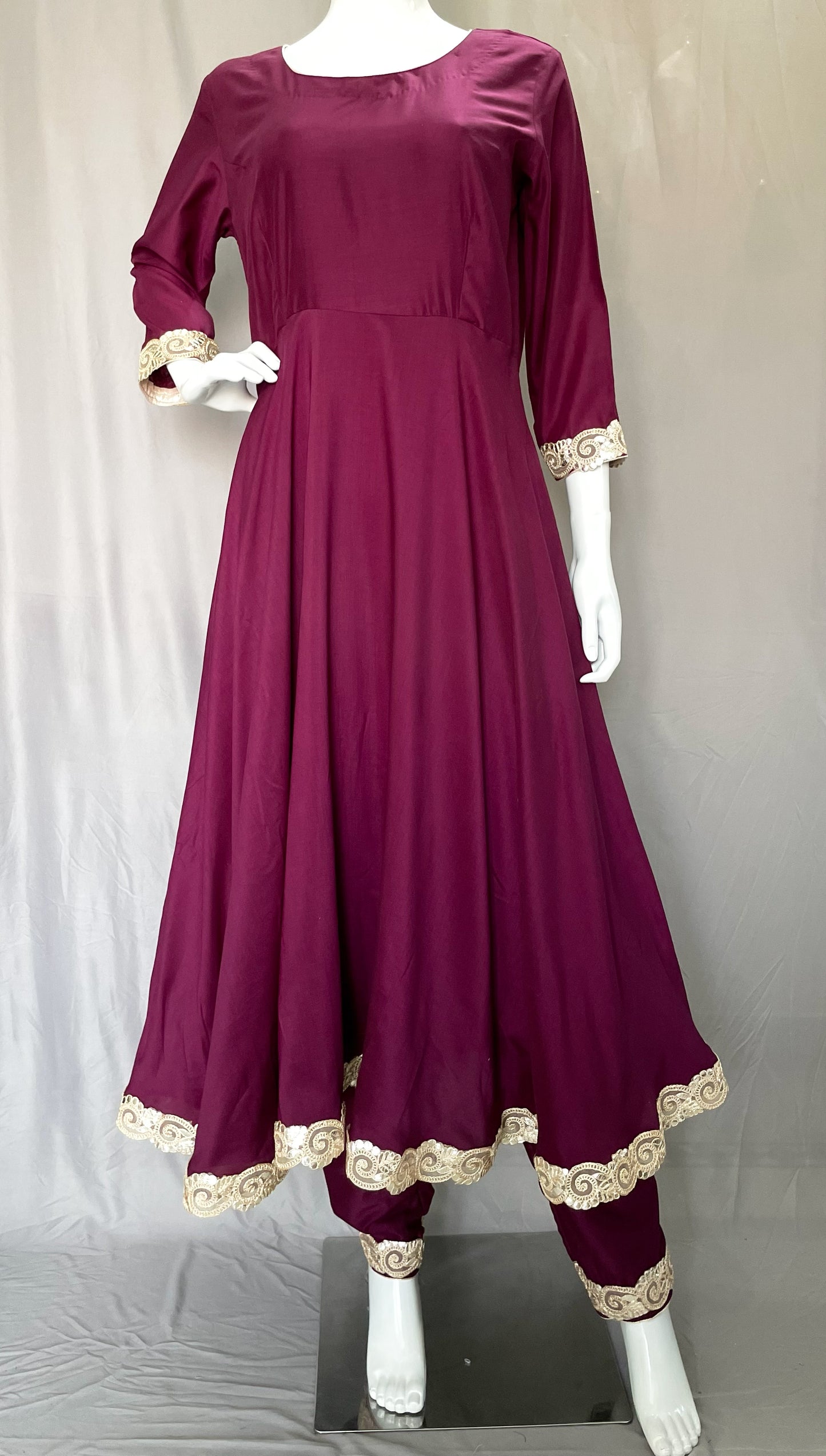 Wine Anarkali Style Muslin 3pcs Pant Suit, with Golden Border